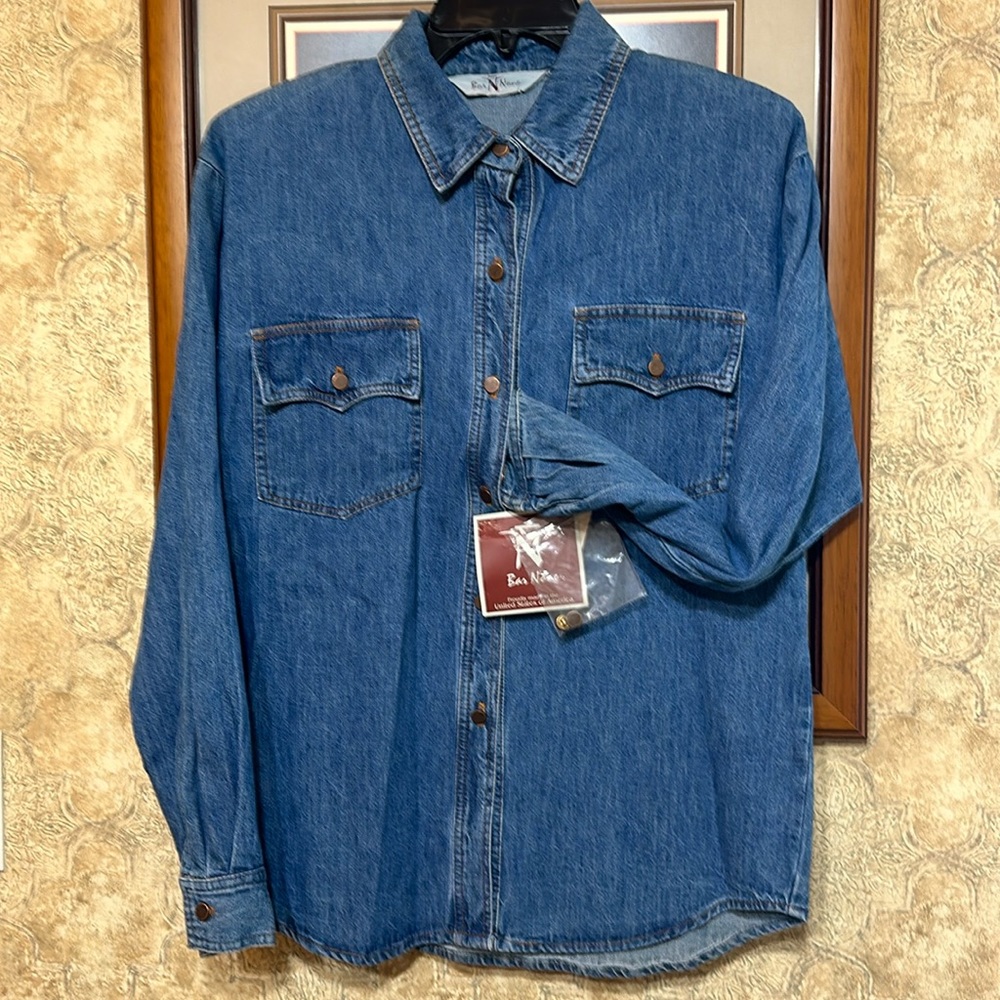 Bar None prewashed Denim ladies shirt. Copper hardware accents.